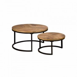 Set 2 tables basses industrielles rondes bois et métal...