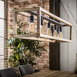 Suspension cinq ampoules dans une structure rectangulaire en bois de manguier de style moderne et industriel