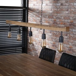 Suspension cinq ampoules suspendues à une barre en bois de manguier de style industriel moderne