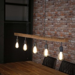 Suspension cinq ampoules suspendues à une barre en bois de manguier de style industriel moderne