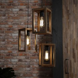 Suspension cubique en bois de manguier de style nature 3 ampoules