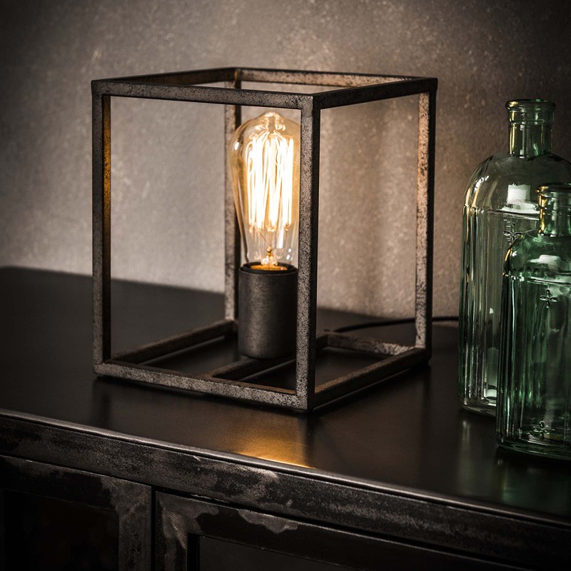 Lampe de table structure en métal cubique argent ancien de style industriel