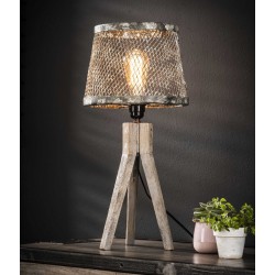 Lampe de table effet grille ouverte sur un trépied en bois style industriel