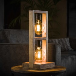 Lampe de table deux ampoules dans une structure rectangulaire en bois d’acacia de style moderne